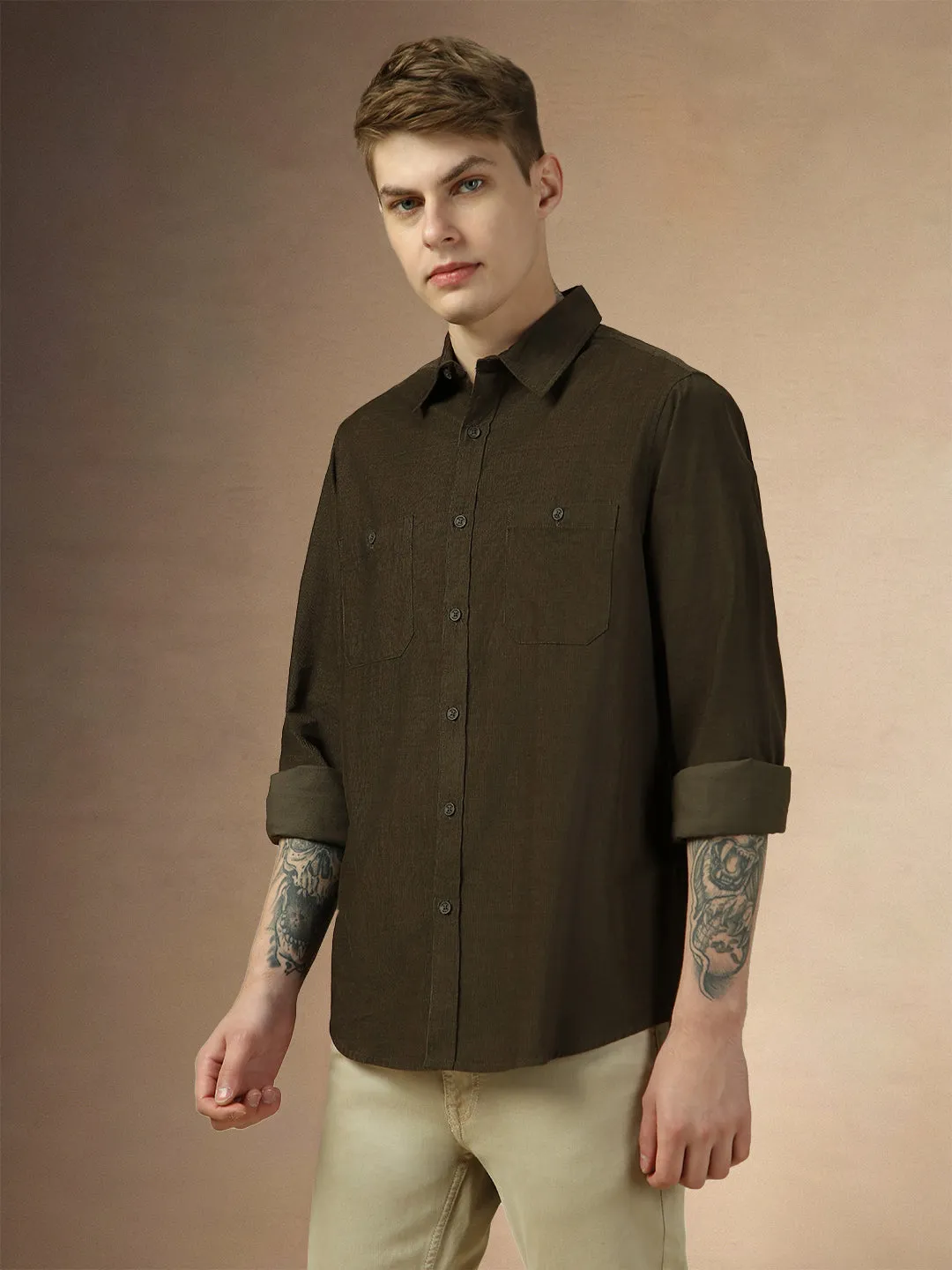 Men's Olive Solid Button Down Collar Full Sleeves Relaxed Fit Corduroy Shirt