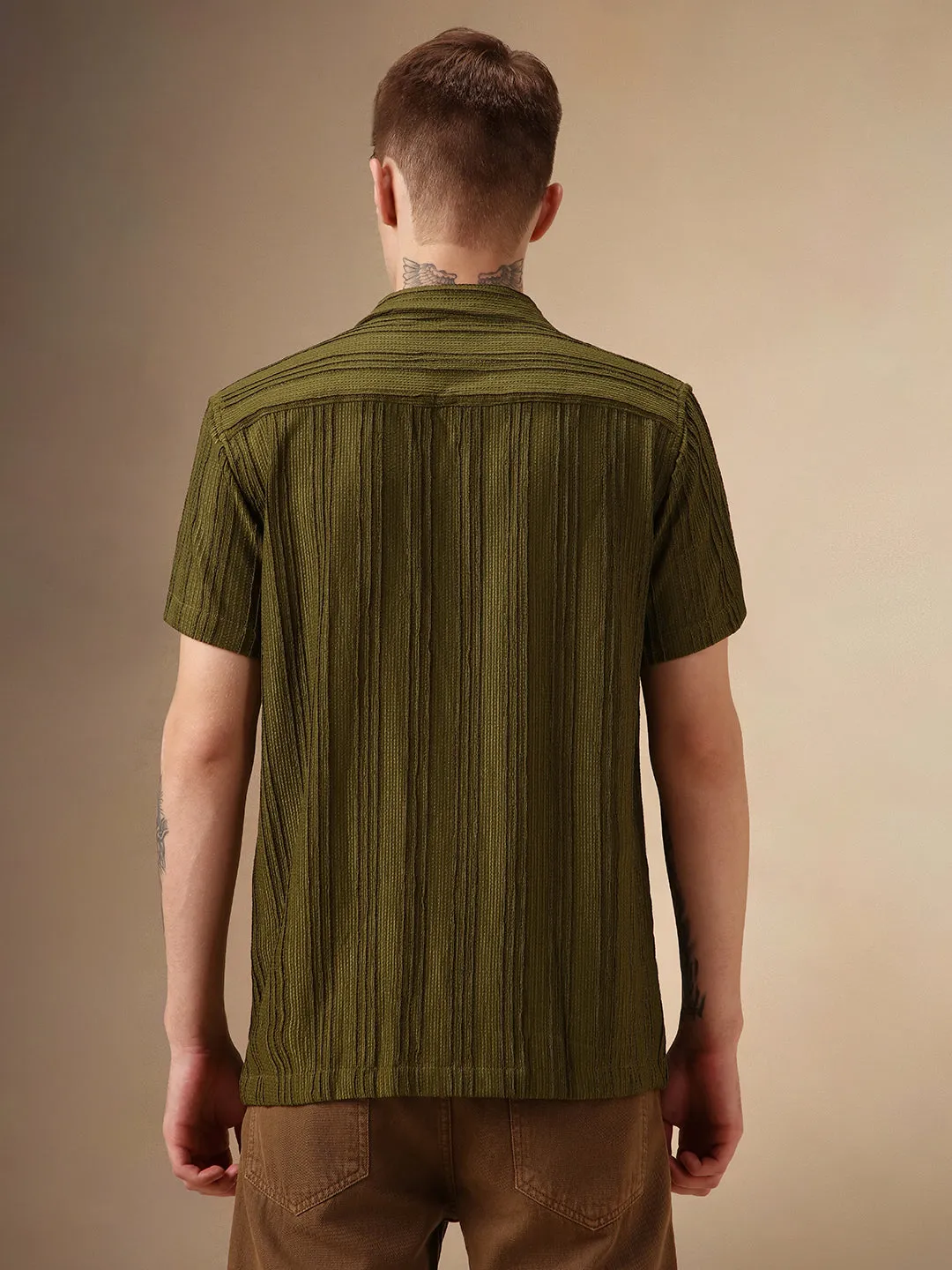 Men's Olive Textured Striped Cuban Collar Half Sleeves Seersucker Casual Shirt