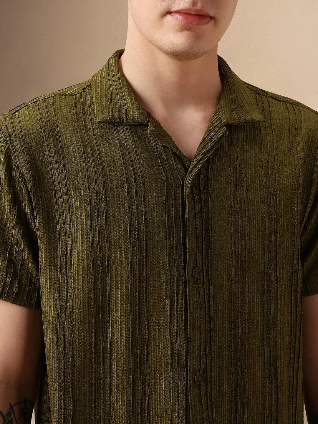 Men's Olive Textured Striped Cuban Collar Half Sleeves Seersucker Casual Shirt