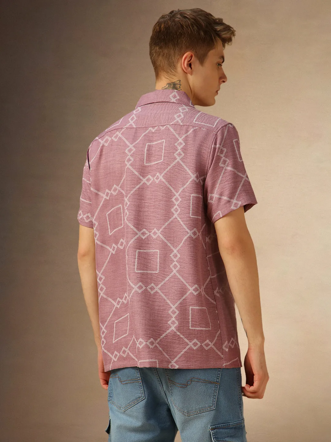 Men's Pink Printed Cuban collar Half Sleeves Shirt