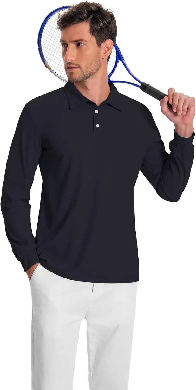 Mens Polo Shirt Long Sleeve Golf Collared Shirts Quicky Dry Moisture Wicking Performance Lightweight Soft Polo