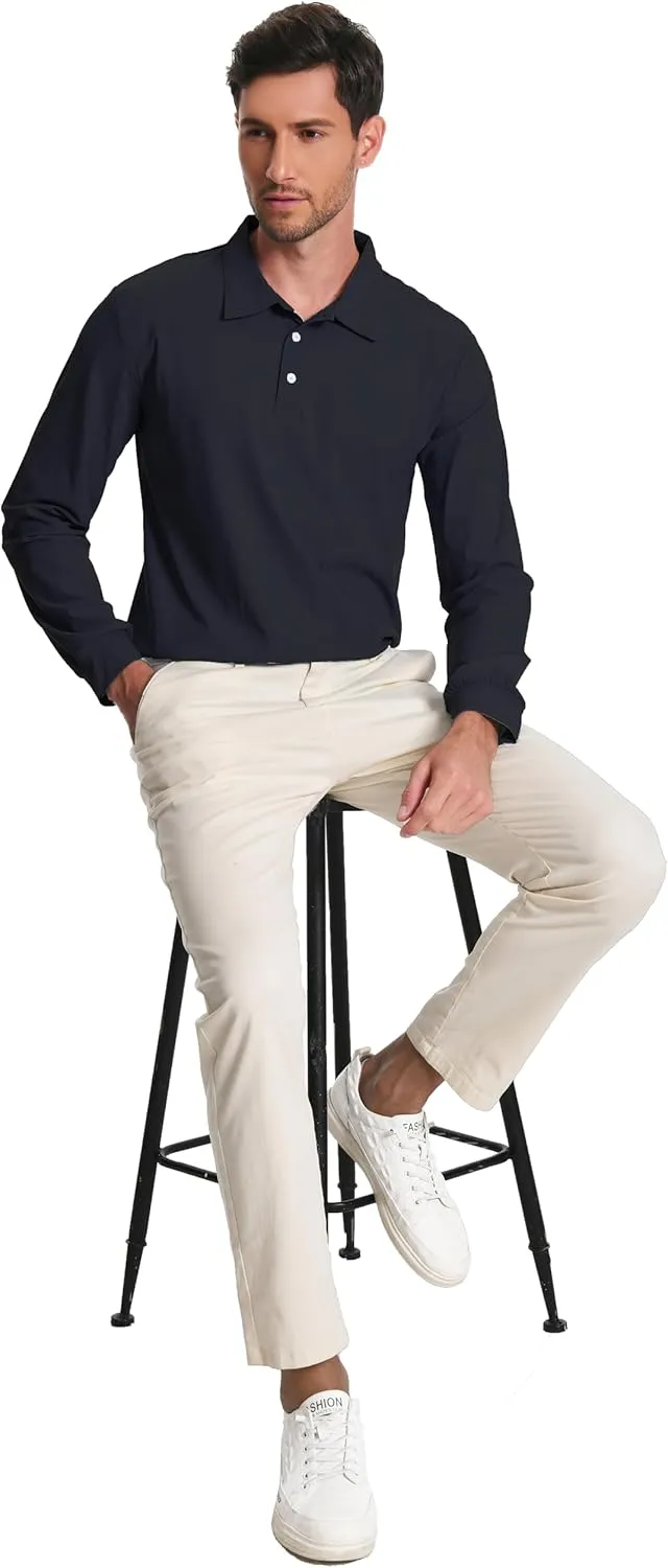 Mens Polo Shirt Long Sleeve Golf Collared Shirts Quicky Dry Moisture Wicking Performance Lightweight Soft Polo
