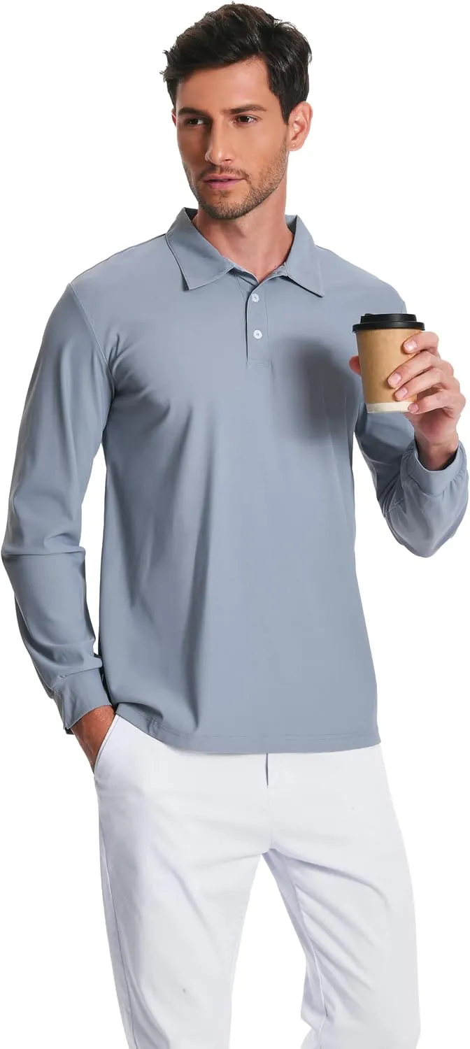 Mens Polo Shirt Long Sleeve Golf Collared Shirts Quicky Dry Moisture Wicking Performance Lightweight Soft Polo