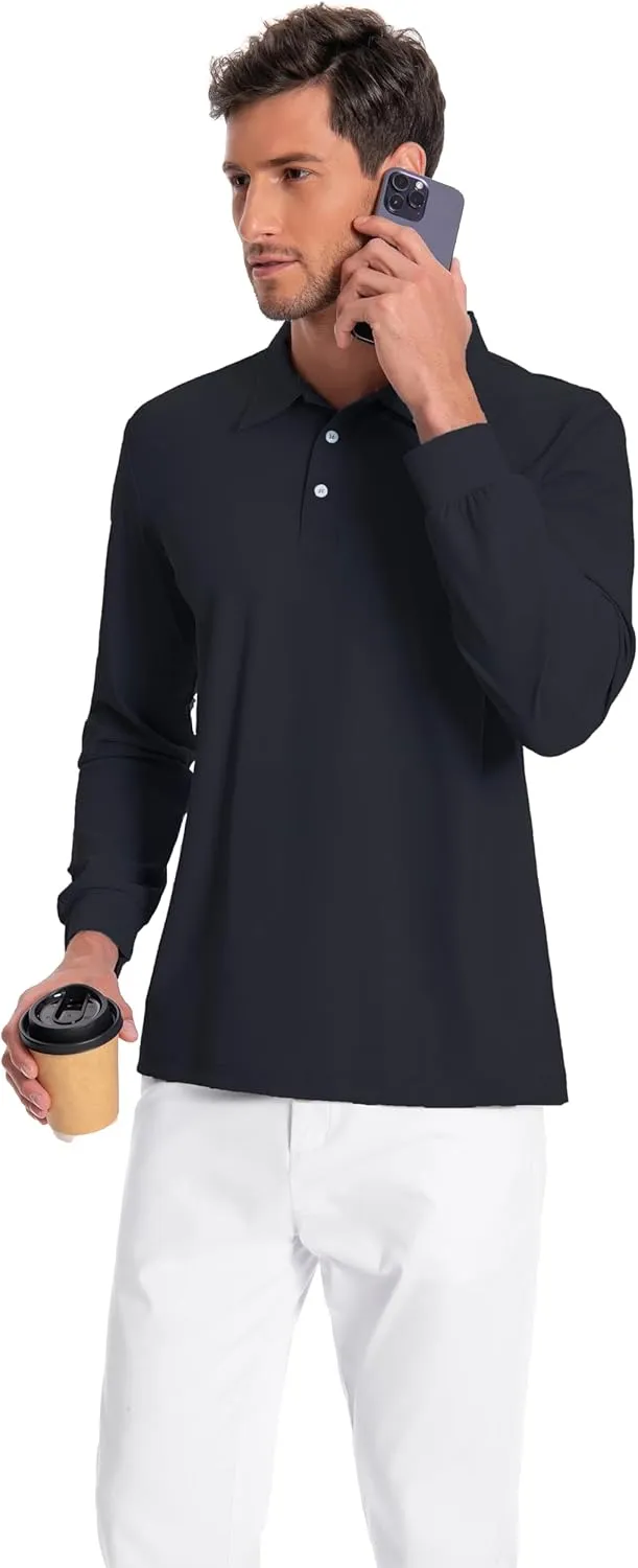 Mens Polo Shirt Long Sleeve Golf Collared Shirts Quicky Dry Moisture Wicking Performance Lightweight Soft Polo