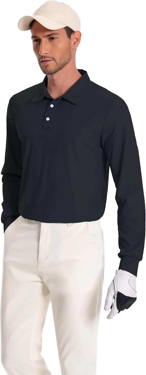 Mens Polo Shirt Long Sleeve Golf Collared Shirts Quicky Dry Moisture Wicking Performance Lightweight Soft Polo