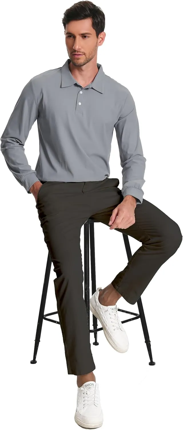 Mens Polo Shirt Long Sleeve Golf Collared Shirts Quicky Dry Moisture Wicking Performance Lightweight Soft Polo