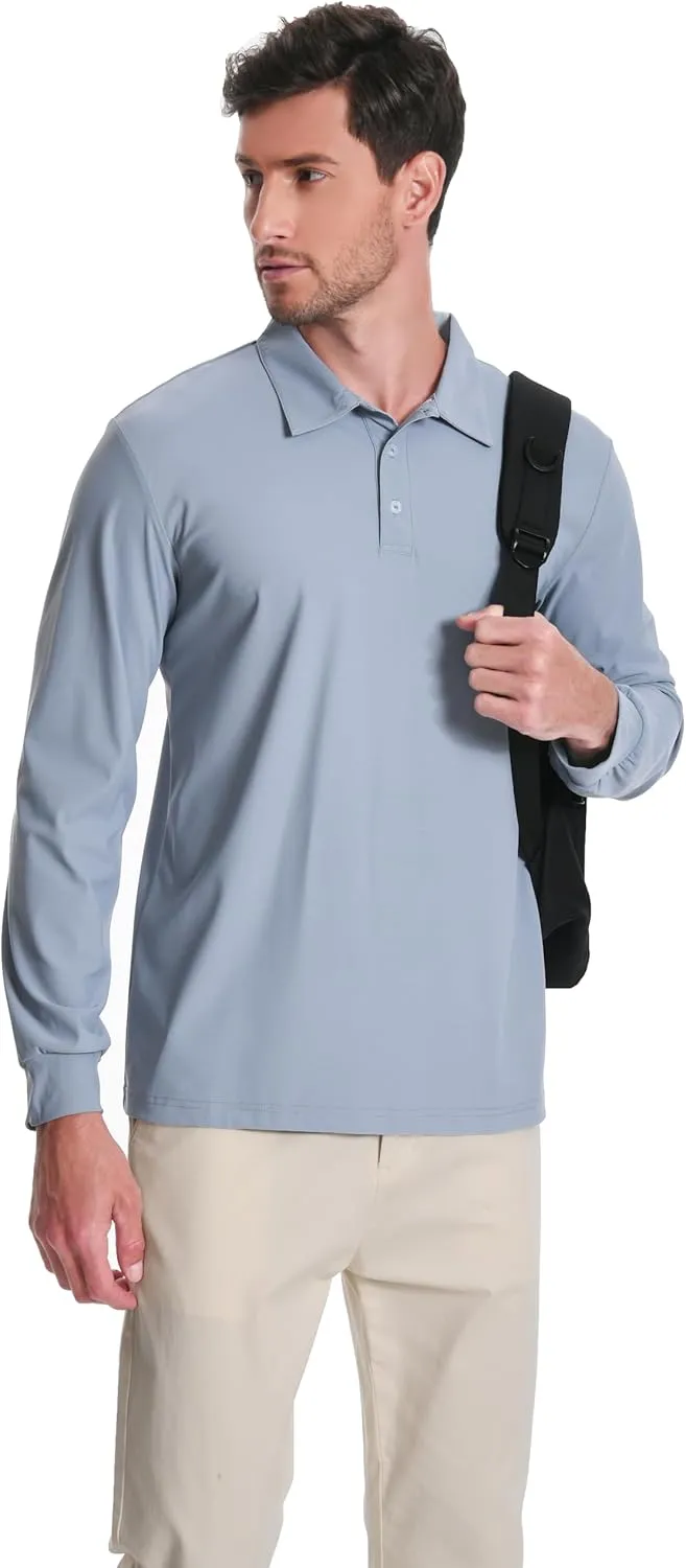 Mens Polo Shirt Long Sleeve Golf Collared Shirts Quicky Dry Moisture Wicking Performance Lightweight Soft Polo