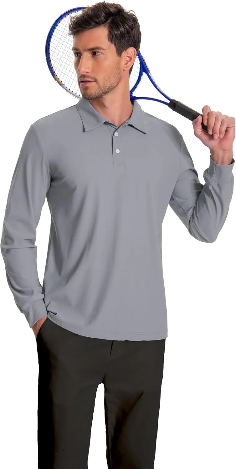 Mens Polo Shirt Long Sleeve Golf Collared Shirts Quicky Dry Moisture Wicking Performance Lightweight Soft Polo