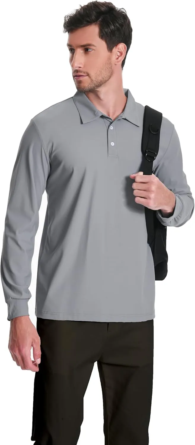 Mens Polo Shirt Long Sleeve Golf Collared Shirts Quicky Dry Moisture Wicking Performance Lightweight Soft Polo
