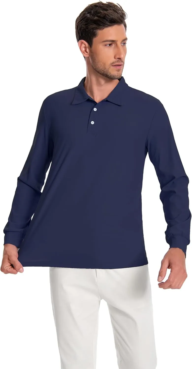 Mens Polo Shirt Long Sleeve Golf Collared Shirts Quicky Dry Moisture Wicking Performance Lightweight Soft Polo