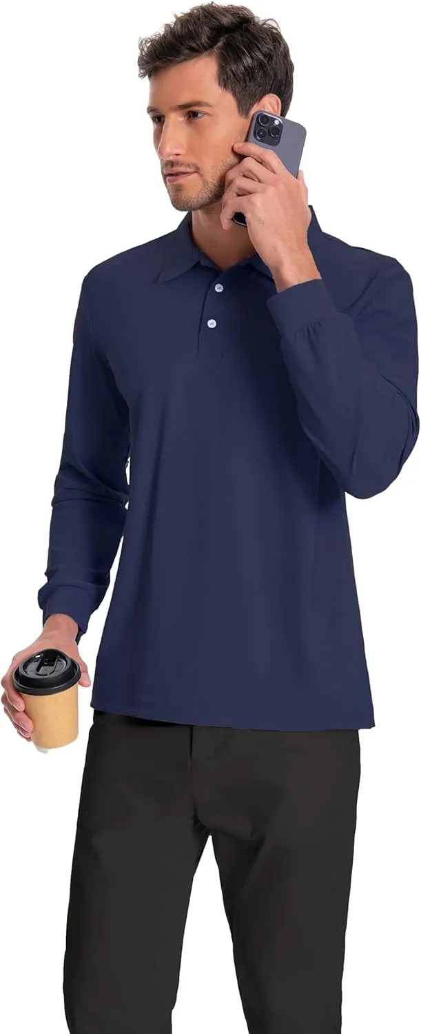 Mens Polo Shirt Long Sleeve Golf Collared Shirts Quicky Dry Moisture Wicking Performance Lightweight Soft Polo
