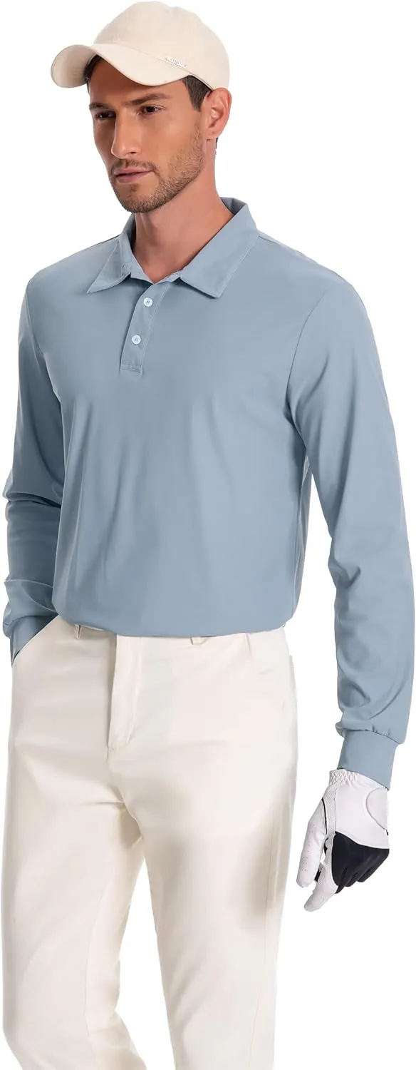 Mens Polo Shirt Long Sleeve Golf Collared Shirts Quicky Dry Moisture Wicking Performance Lightweight Soft Polo