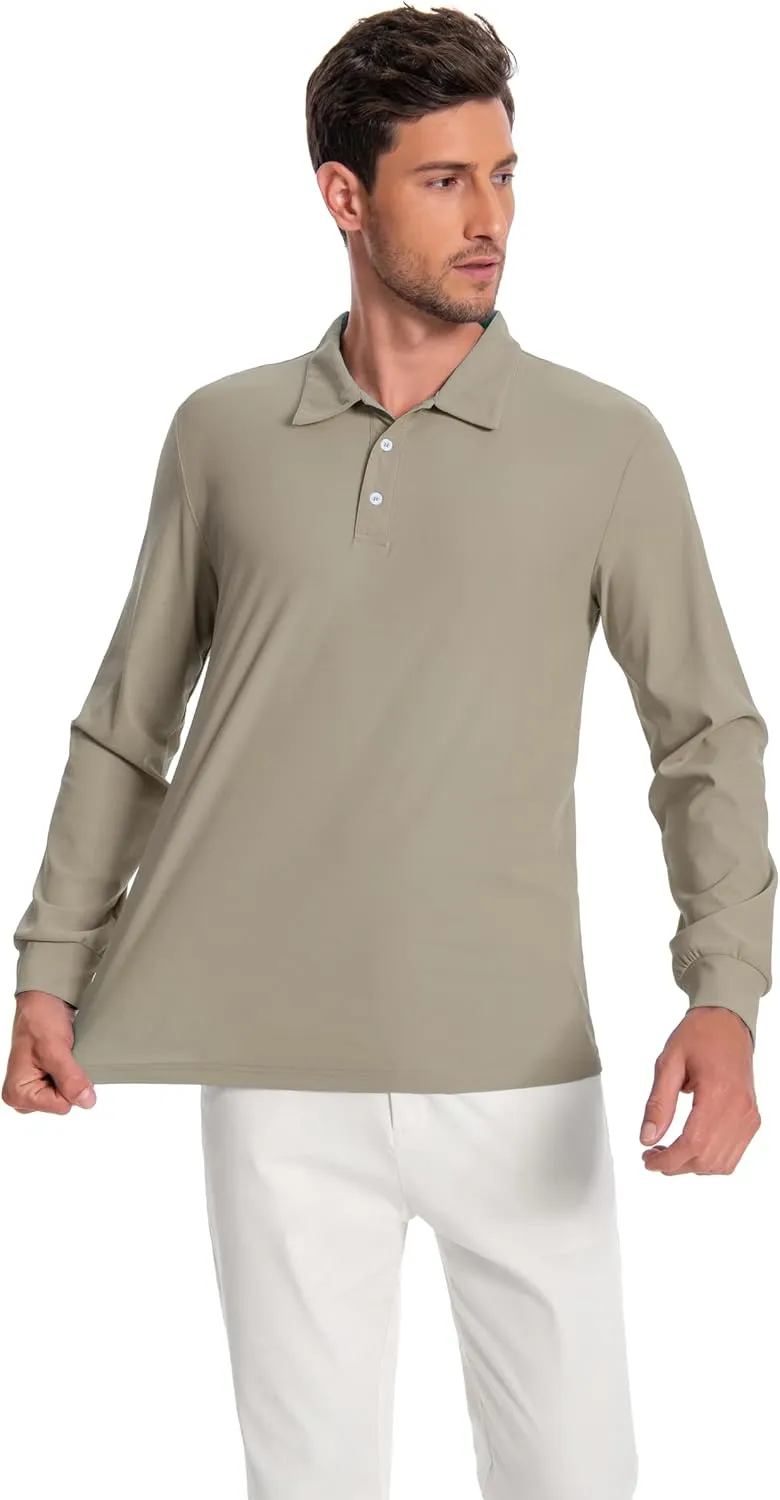 Mens Polo Shirt Long Sleeve Golf Collared Shirts Quicky Dry Moisture Wicking Performance Lightweight Soft Polo