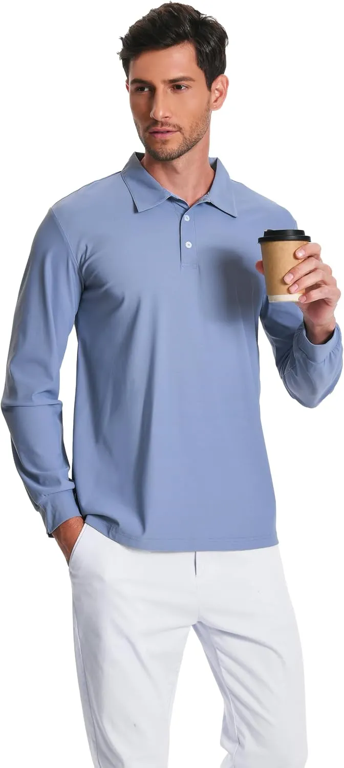 Mens Polo Shirt Long Sleeve Golf Collared Shirts Quicky Dry Moisture Wicking Performance Lightweight Soft Polo