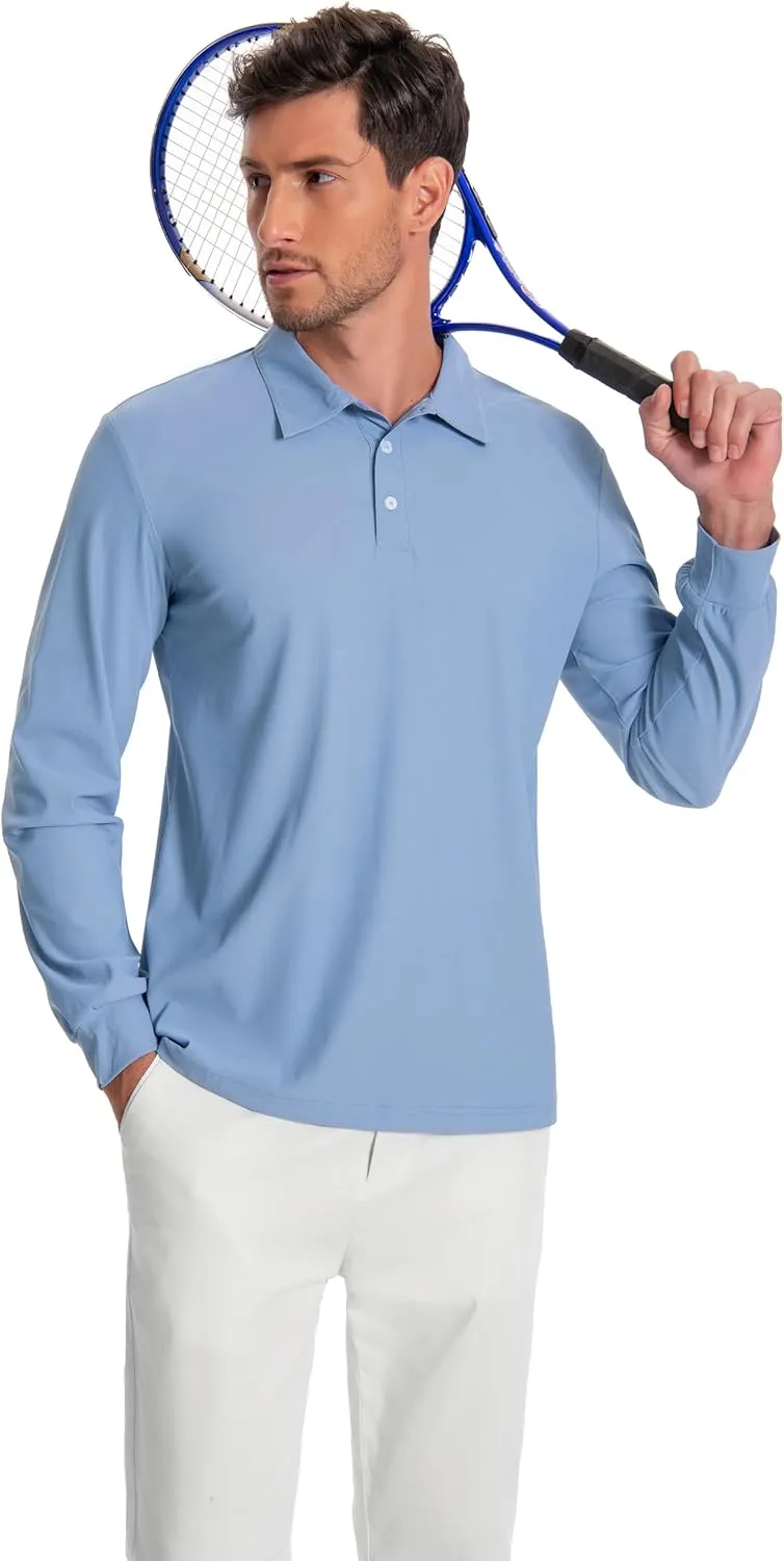 Mens Polo Shirt Long Sleeve Golf Collared Shirts Quicky Dry Moisture Wicking Performance Lightweight Soft Polo
