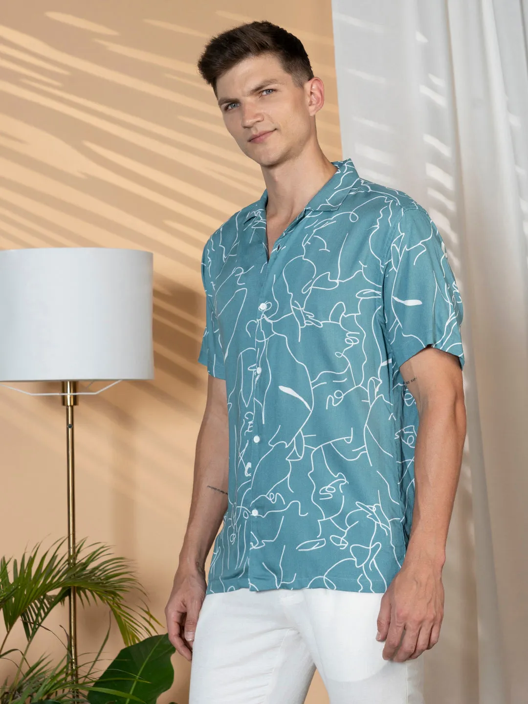 Men's Sage Green Printed Cuban Collar Half sleeve Relaxed Fit Shirt