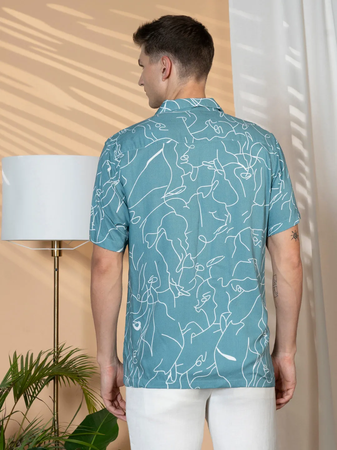 Men's Sage Green Printed Cuban Collar Half sleeve Relaxed Fit Shirt