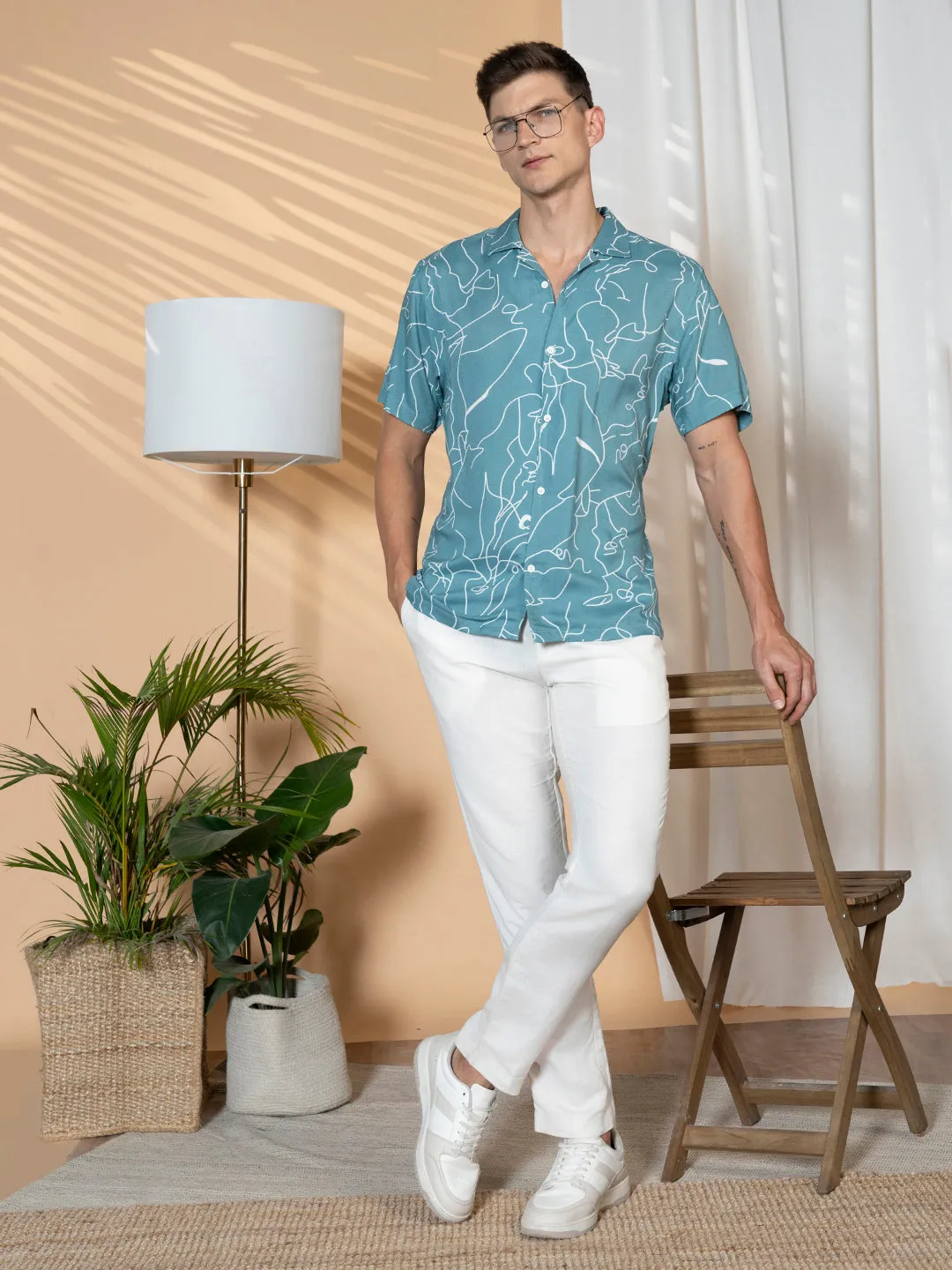 Men's Sage Green Printed Cuban Collar Half sleeve Relaxed Fit Shirt