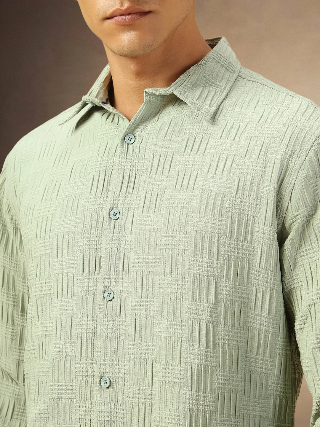 Men's Sage green Textured Full Sleeves Spread Collar Casual Shirt