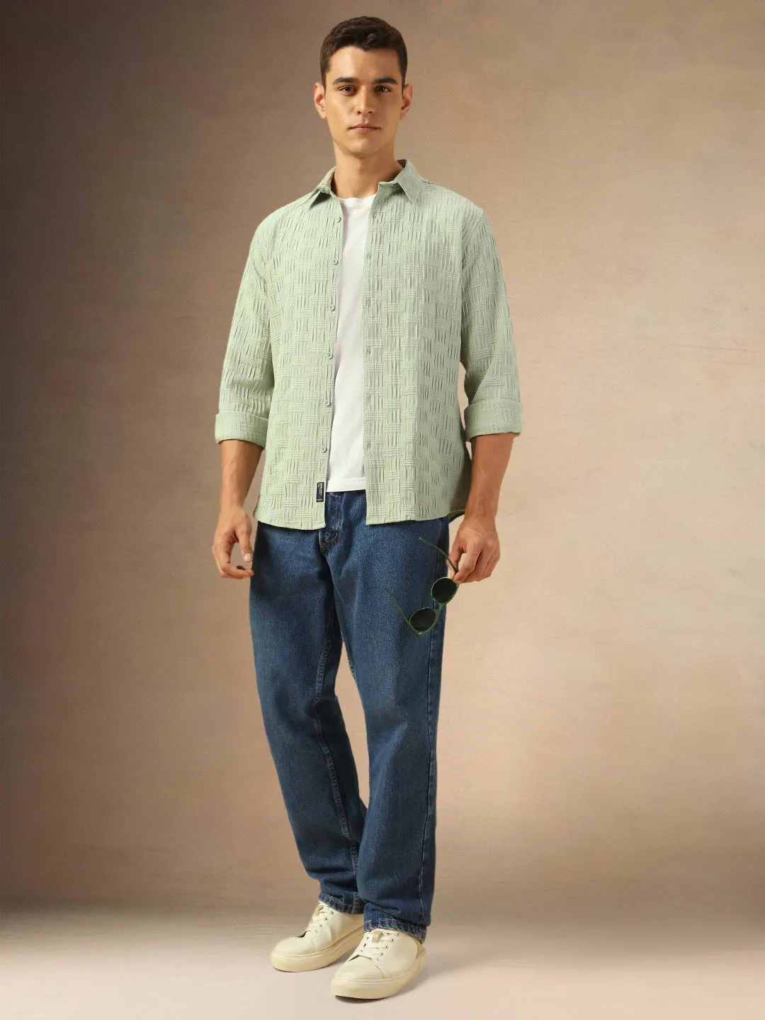 Men's Sage green Textured Full Sleeves Spread Collar Casual Shirt