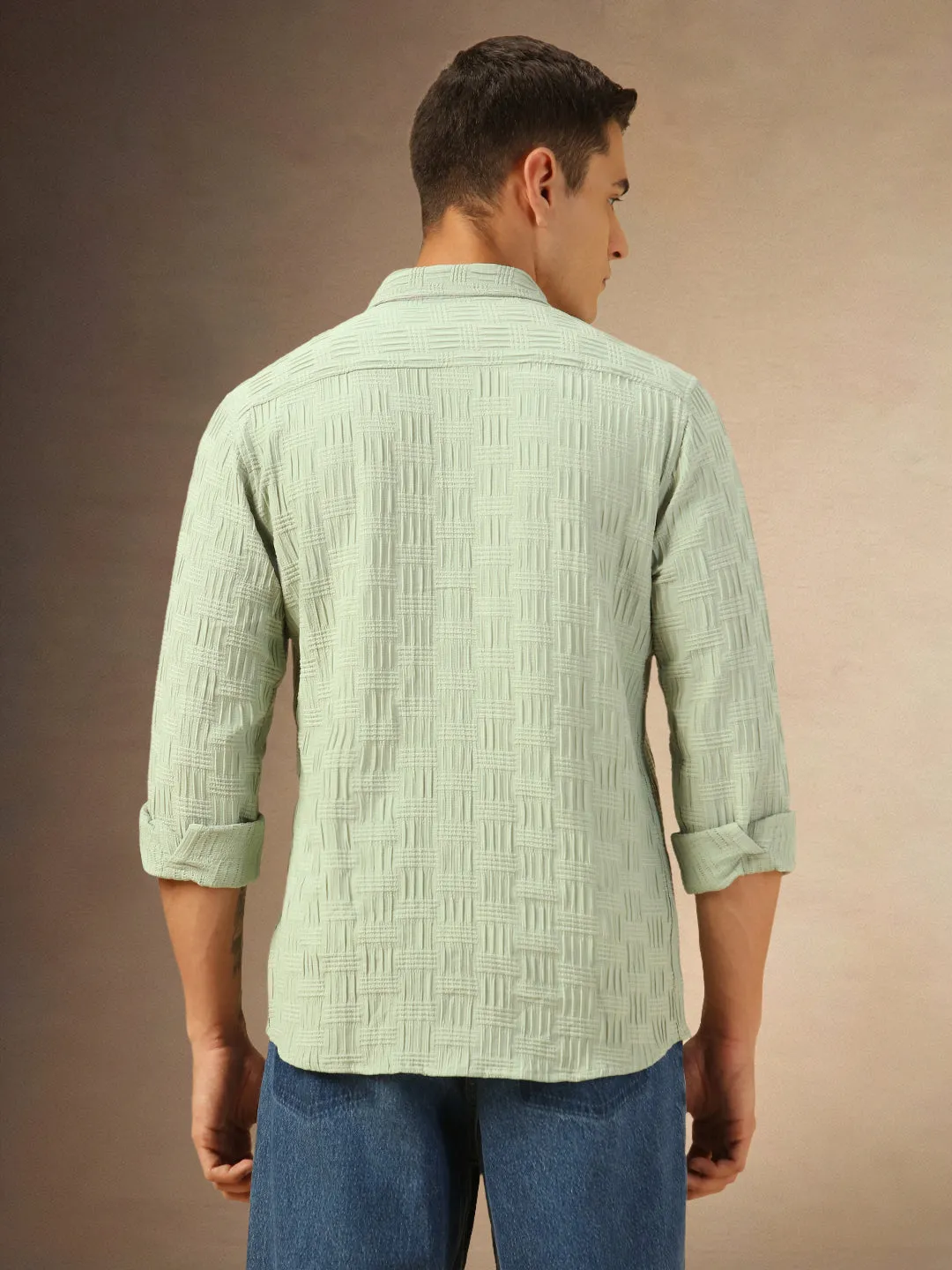 Men's Sage green Textured Full Sleeves Spread Collar Casual Shirt