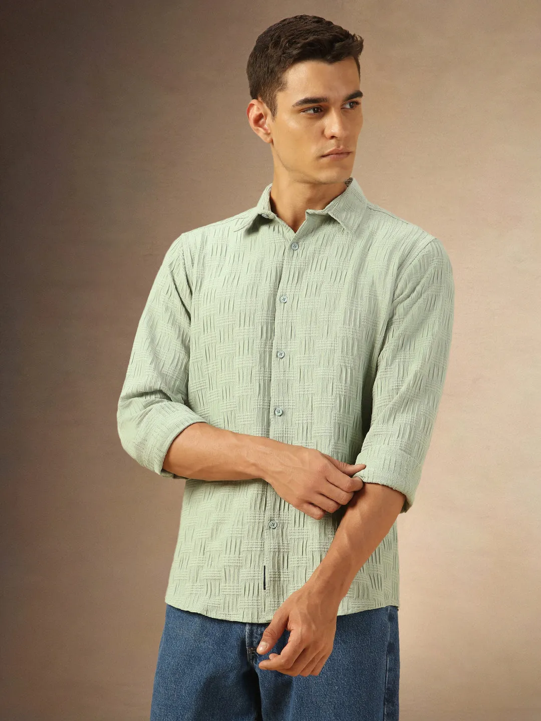 Men's Sage green Textured Full Sleeves Spread Collar Casual Shirt