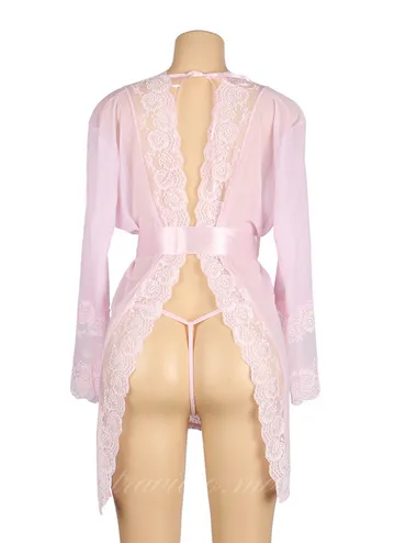 Pink Lace Sexy Hollow Out Back Robe with Panties