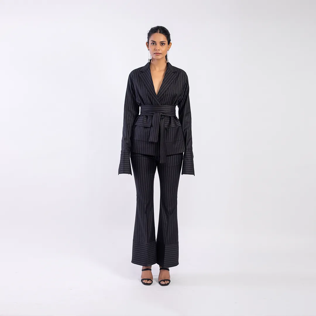 Pinstriped blazer with belt