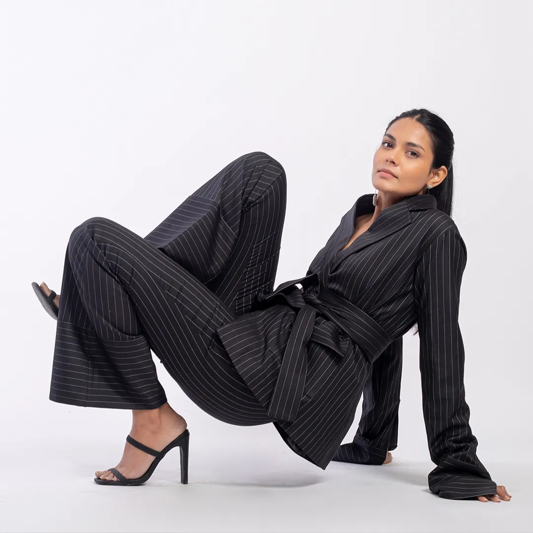 Pinstriped blazer with belt