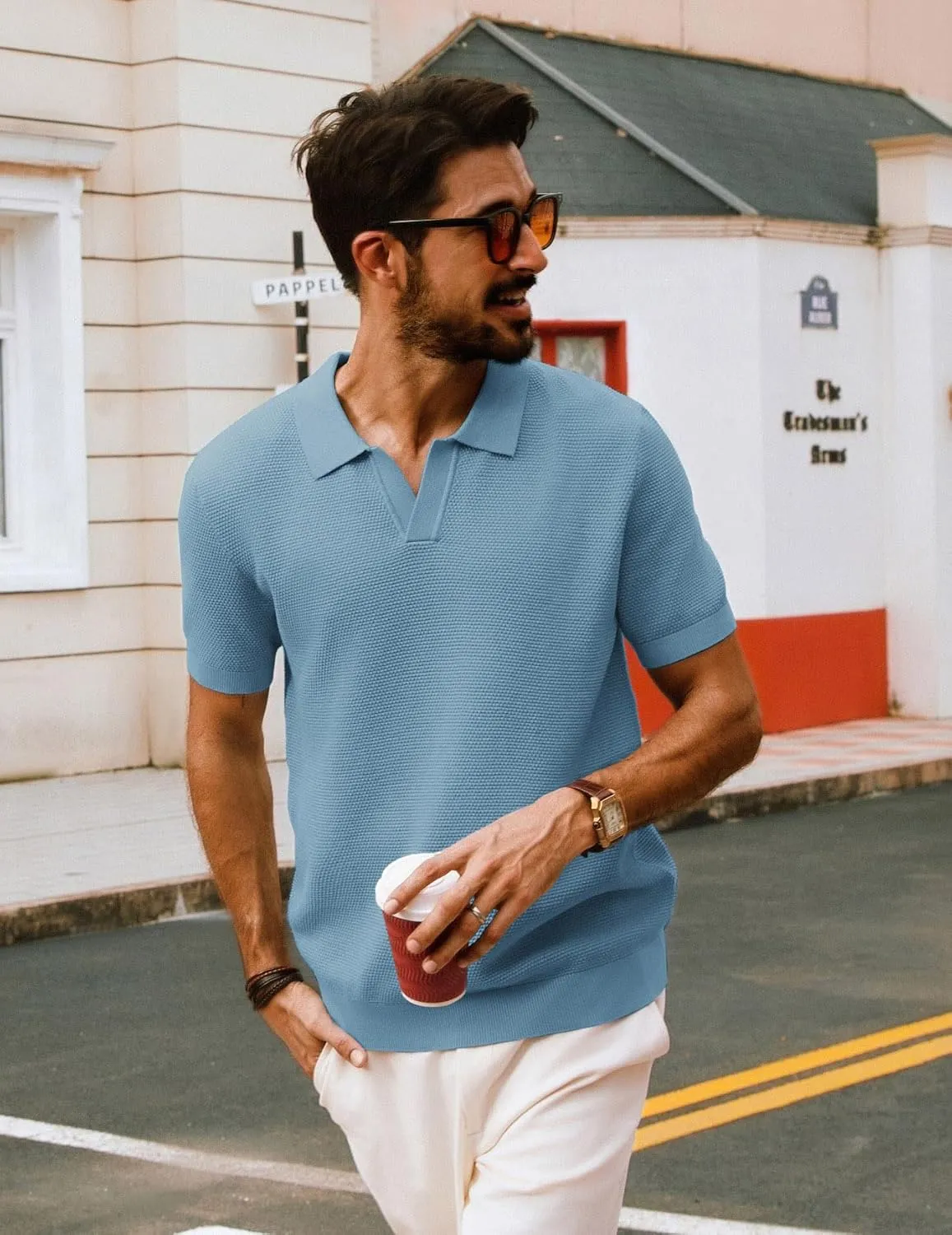 PJ PAUL JONES Mens Polo Shirts Short Sleeve V Neck Knit Textured Polo Knitted Golf Shirt