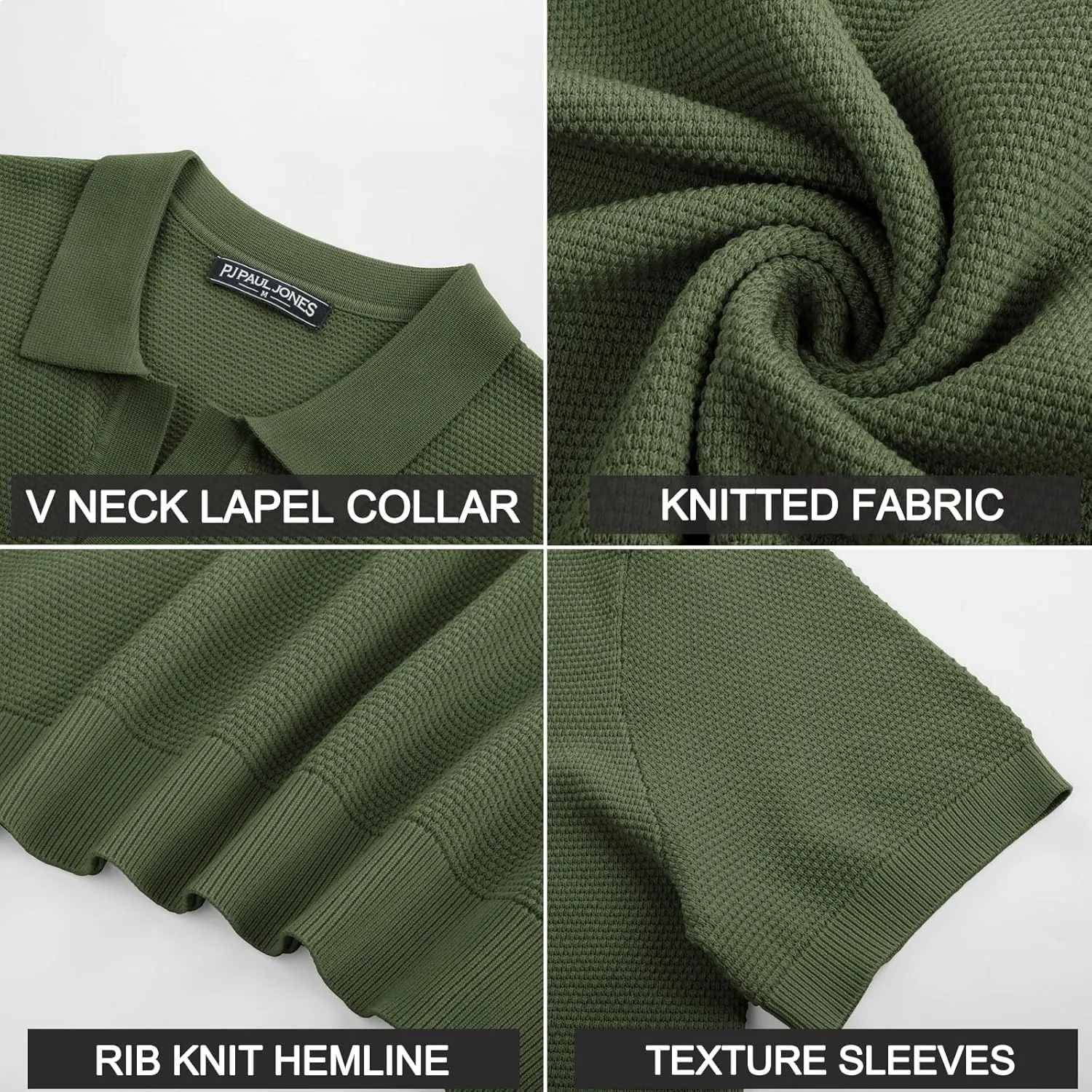 PJ PAUL JONES Mens Polo Shirts Short Sleeve V Neck Knit Textured Polo Knitted Golf Shirt