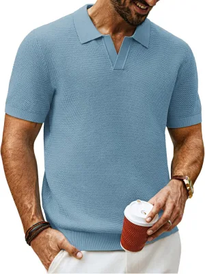 PJ PAUL JONES Mens Polo Shirts Short Sleeve V Neck Knit Textured Polo Knitted Golf Shirt