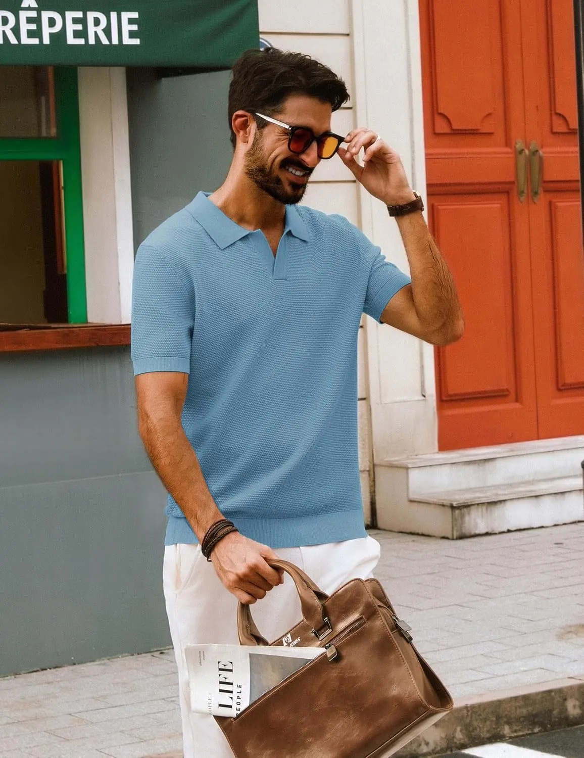 PJ PAUL JONES Mens Polo Shirts Short Sleeve V Neck Knit Textured Polo Knitted Golf Shirt