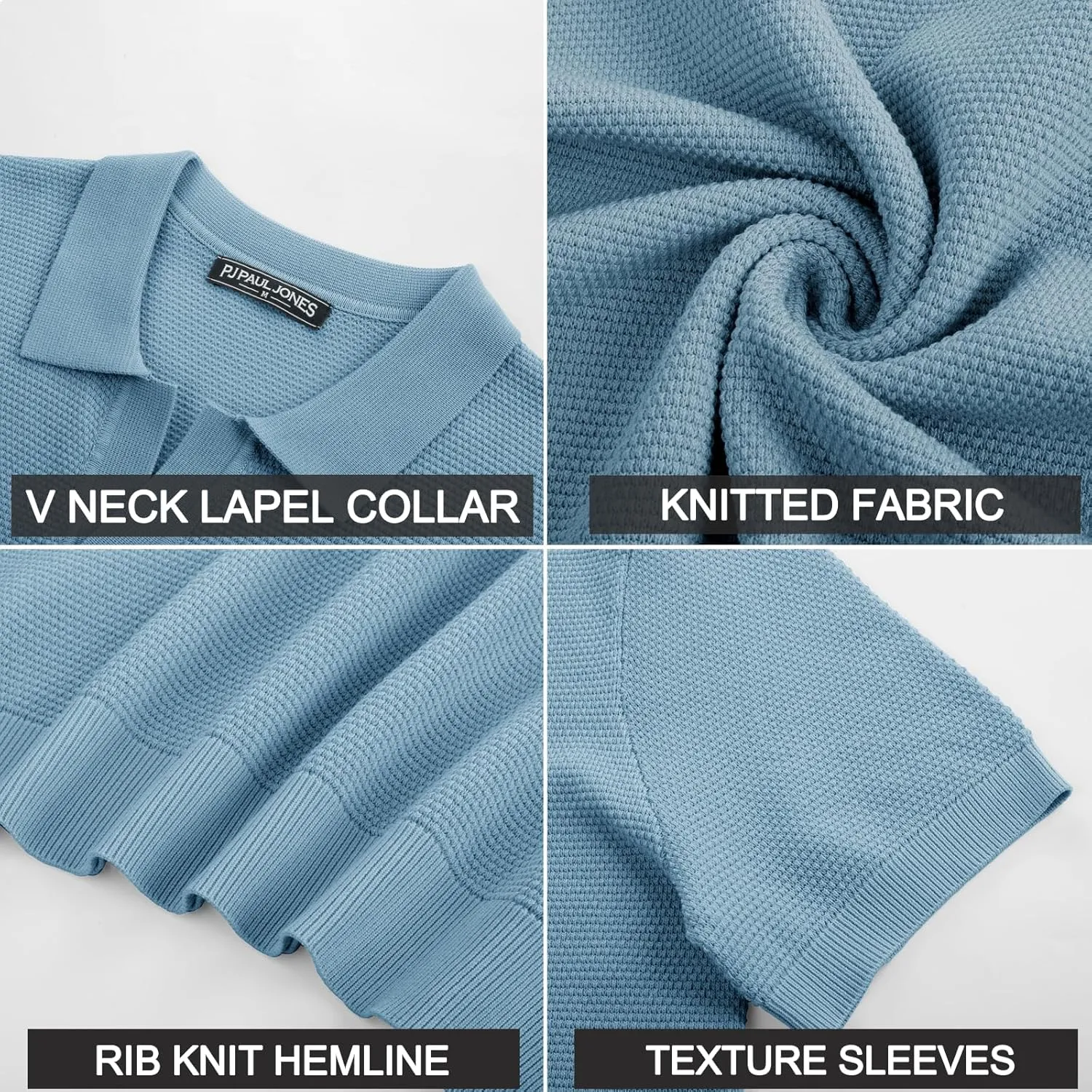 PJ PAUL JONES Mens Polo Shirts Short Sleeve V Neck Knit Textured Polo Knitted Golf Shirt