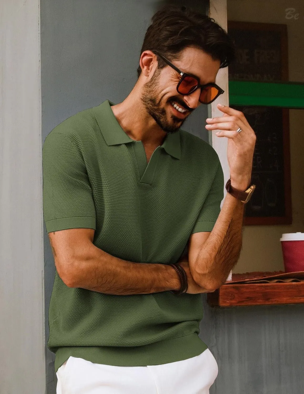 PJ PAUL JONES Mens Polo Shirts Short Sleeve V Neck Knit Textured Polo Knitted Golf Shirt