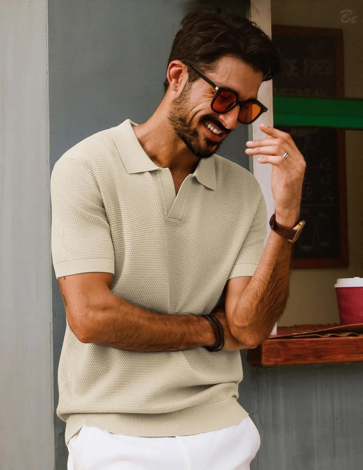 PJ PAUL JONES Mens Polo Shirts Short Sleeve V Neck Knit Textured Polo Knitted Golf Shirt