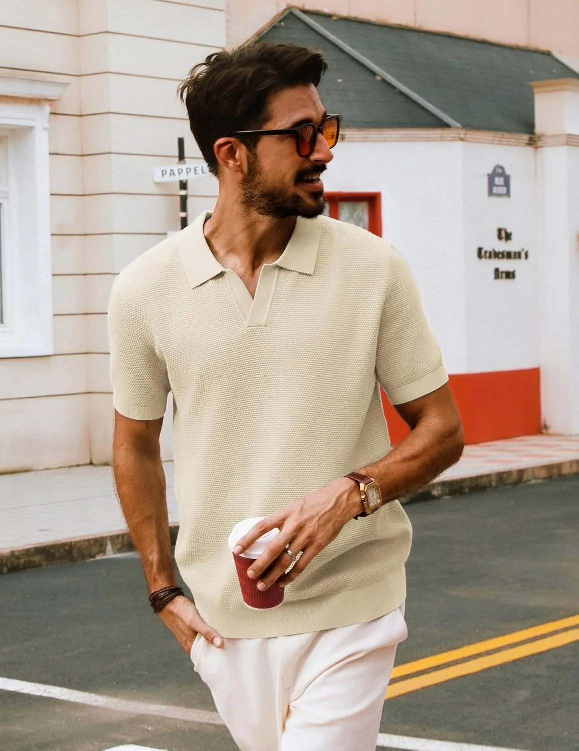 PJ PAUL JONES Mens Polo Shirts Short Sleeve V Neck Knit Textured Polo Knitted Golf Shirt