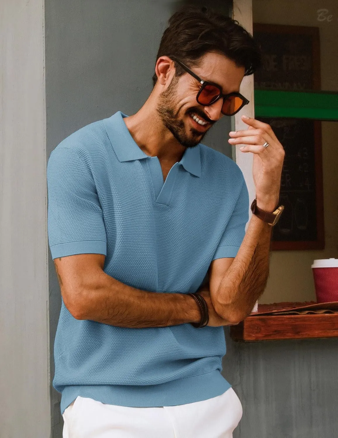 PJ PAUL JONES Mens Polo Shirts Short Sleeve V Neck Knit Textured Polo Knitted Golf Shirt
