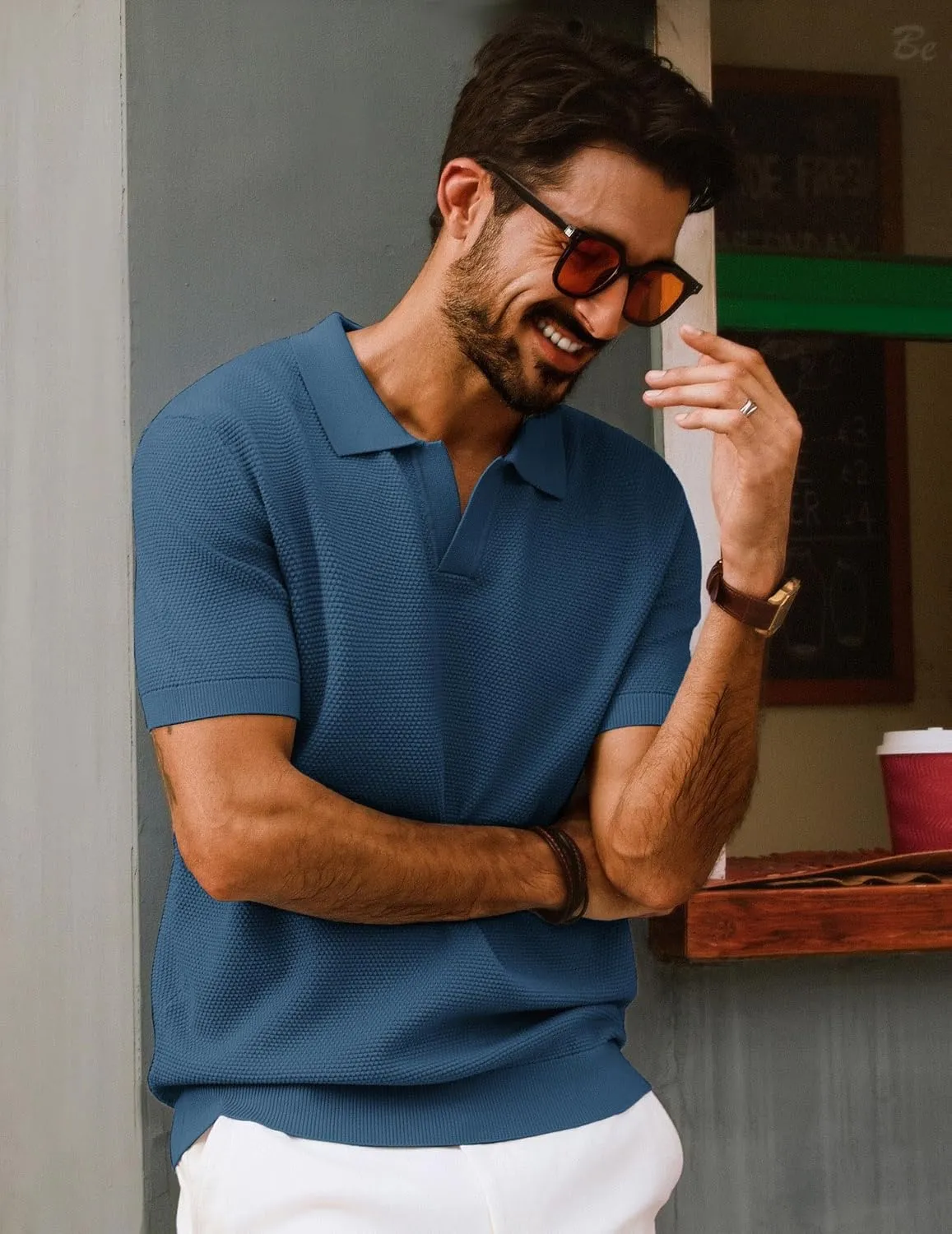 PJ PAUL JONES Mens Polo Shirts Short Sleeve V Neck Knit Textured Polo Knitted Golf Shirt