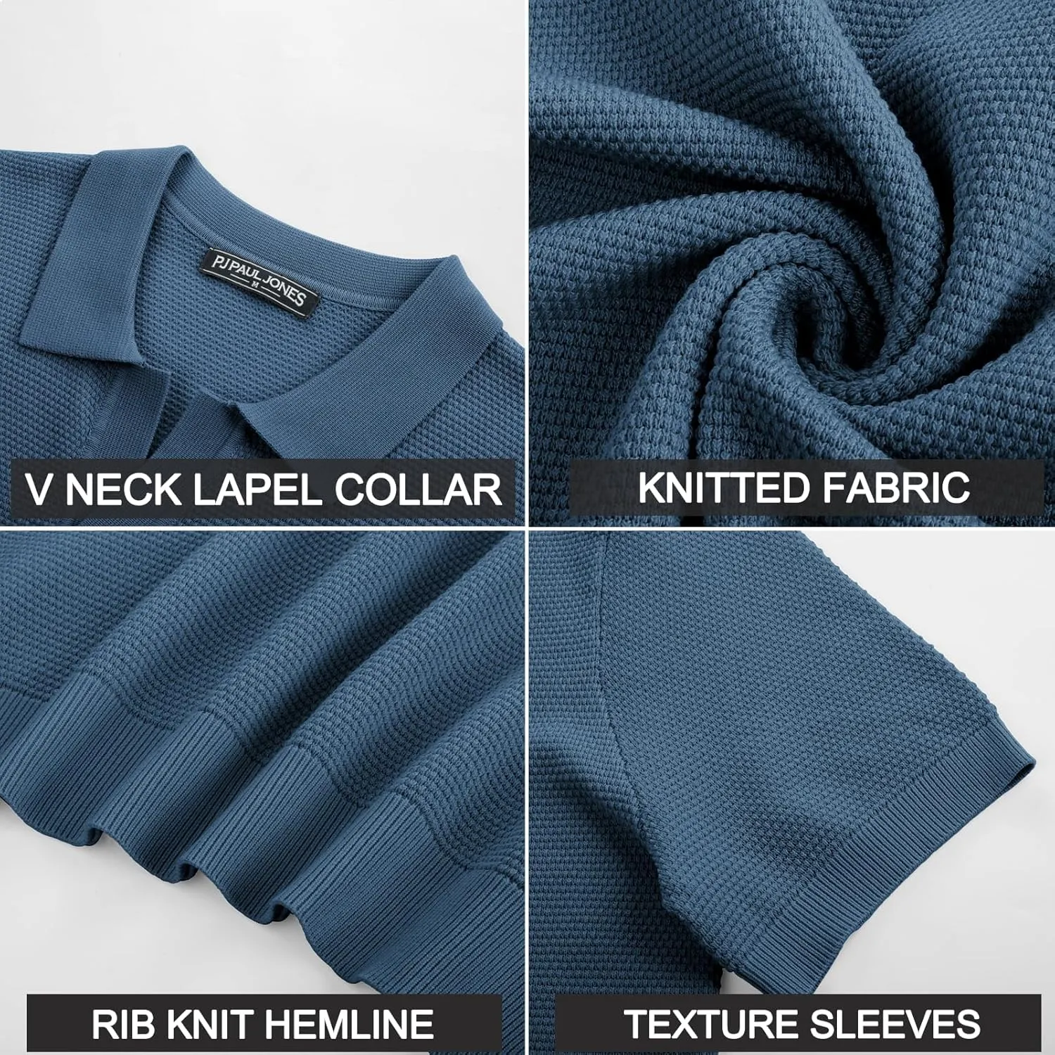 PJ PAUL JONES Mens Polo Shirts Short Sleeve V Neck Knit Textured Polo Knitted Golf Shirt