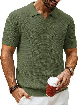 PJ PAUL JONES Mens Polo Shirts Short Sleeve V Neck Knit Textured Polo Knitted Golf Shirt