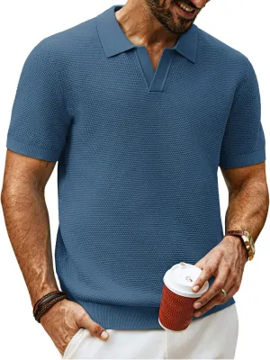 PJ PAUL JONES Mens Polo Shirts Short Sleeve V Neck Knit Textured Polo Knitted Golf Shirt