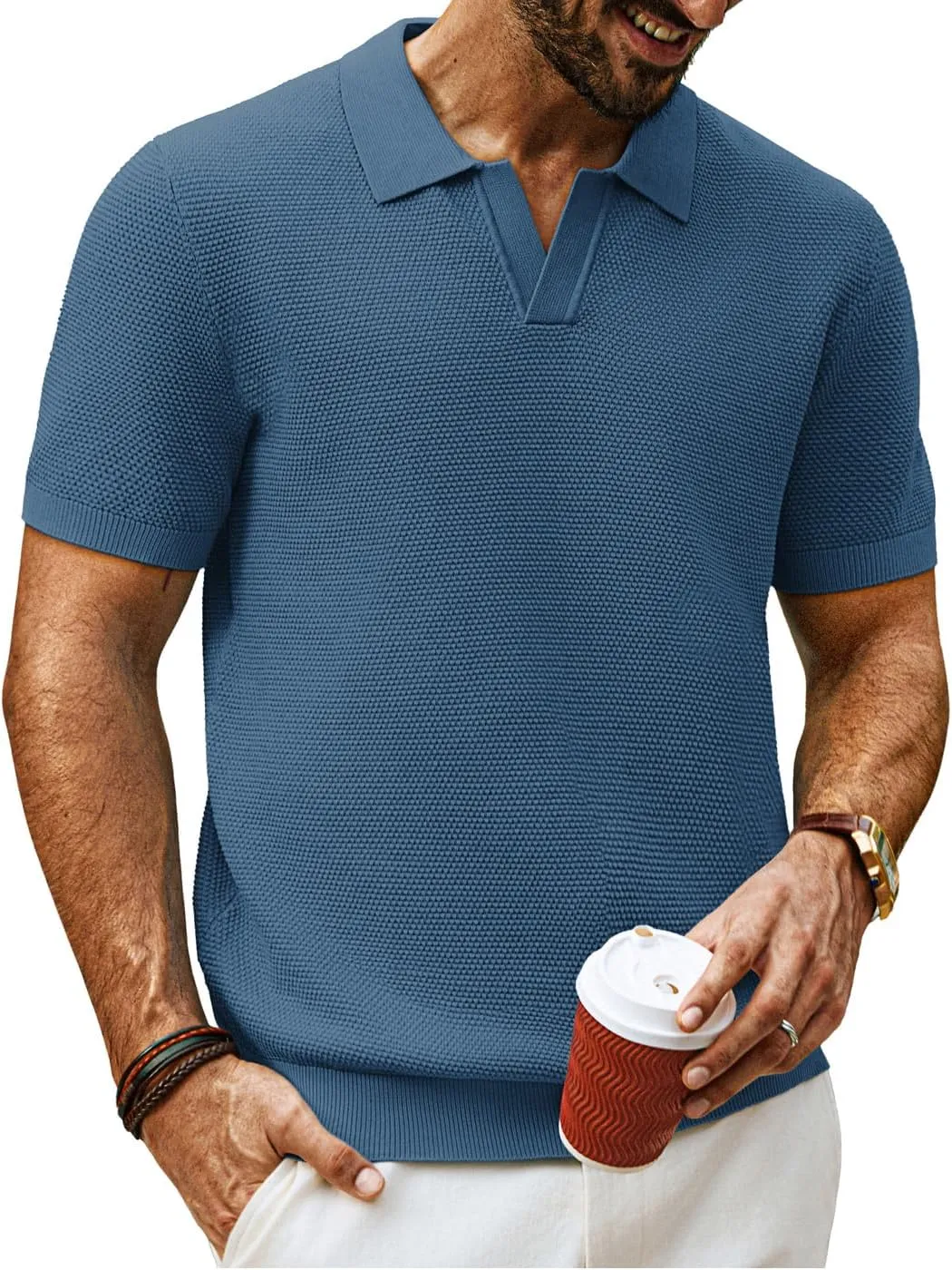 PJ PAUL JONES Mens Polo Shirts Short Sleeve V Neck Knit Textured Polo Knitted Golf Shirt