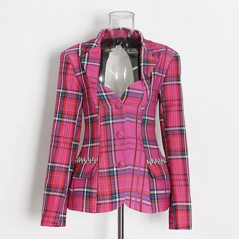 Pre Order:  Plaid Hollow Out Back Blazer