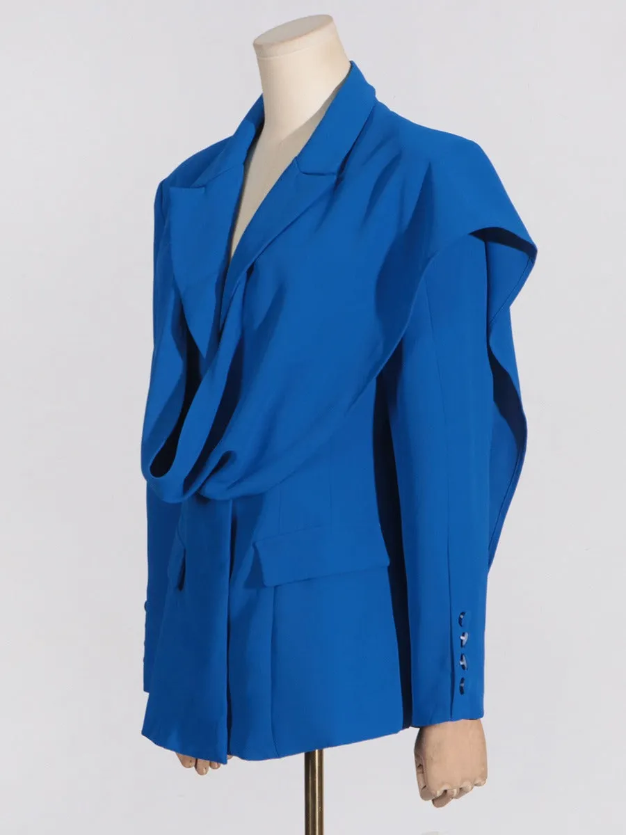 Pre-Order: Stylish Solid-Colored Asymmetrical Blazer with Scarf Wrap Detail