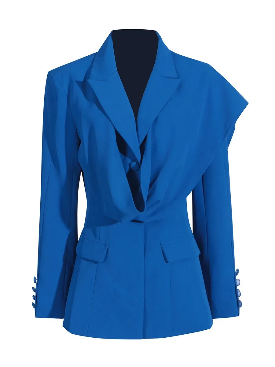 Pre-Order: Stylish Solid-Colored Asymmetrical Blazer with Scarf Wrap Detail