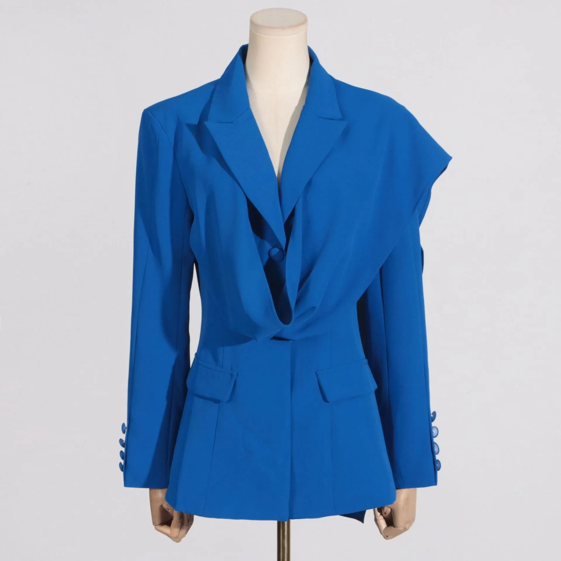 Pre-Order: Stylish Solid-Colored Asymmetrical Blazer with Scarf Wrap Detail