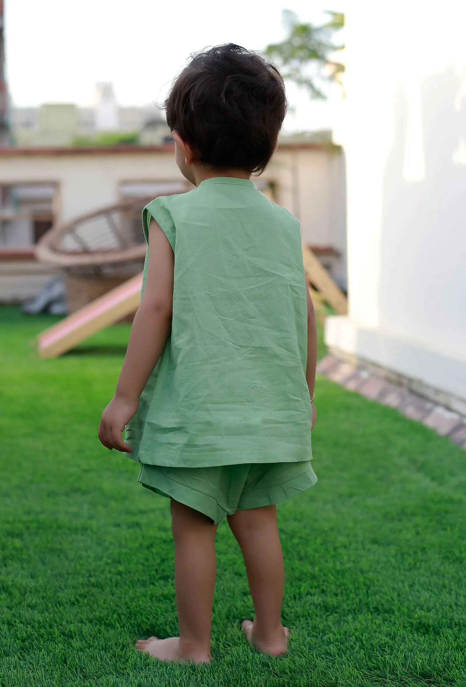 Set Of 2: Noddy Green Cotton Shirt And Green Short