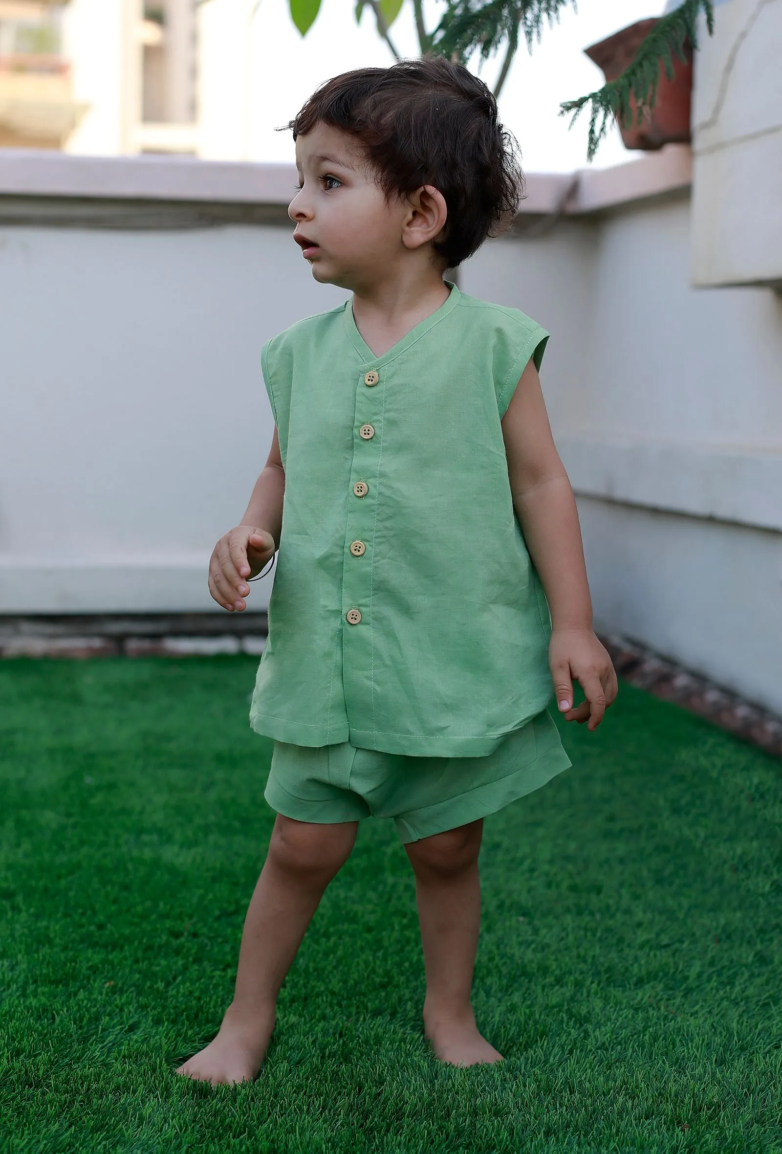 Set Of 2: Noddy Green Cotton Shirt And Green Short