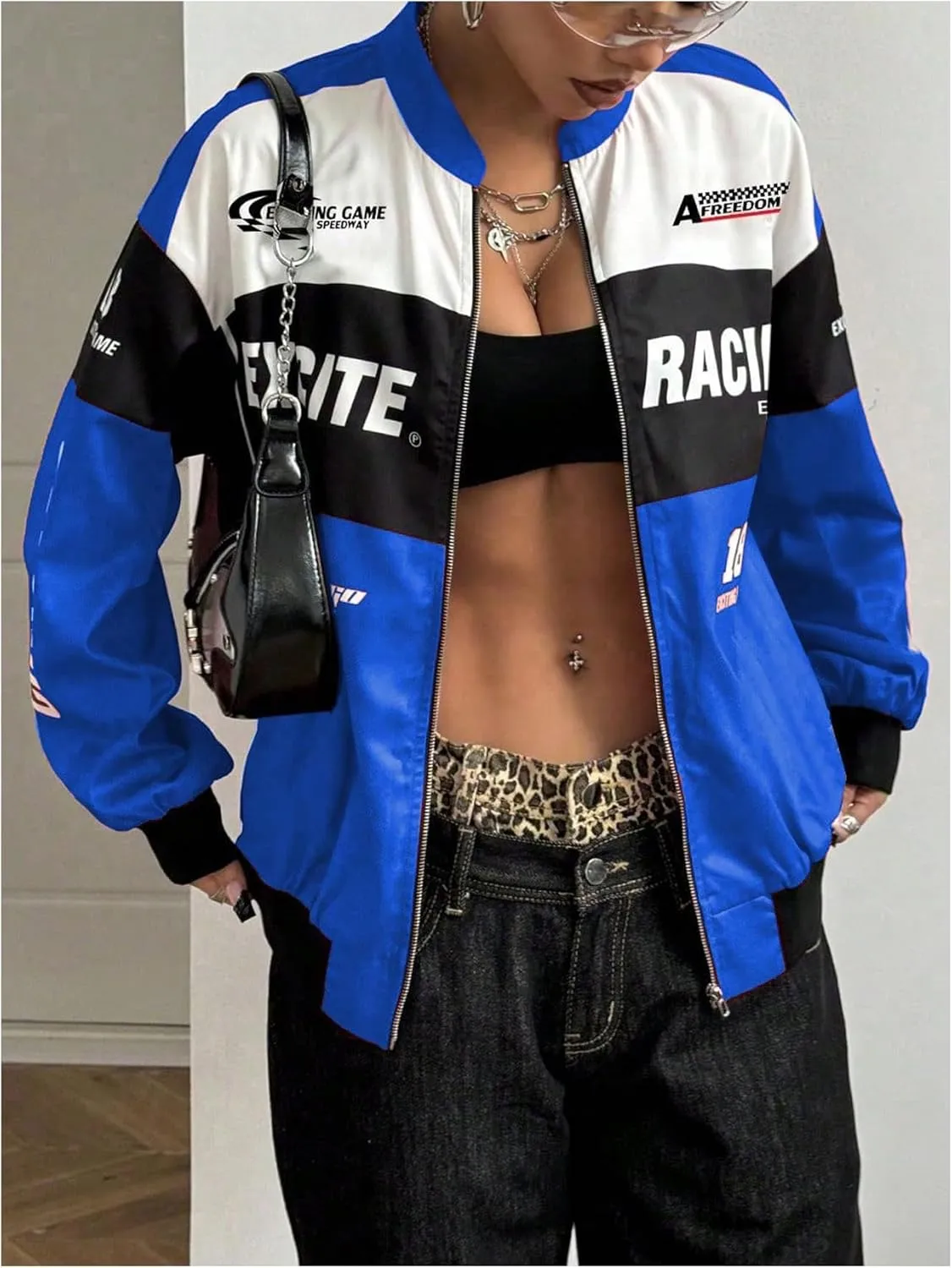 SOLY HUX Women's Bomber Jacket Long Sleeve Zip Up Racing Jackets Color Block Y2k Outerwear Vintage Streetwear